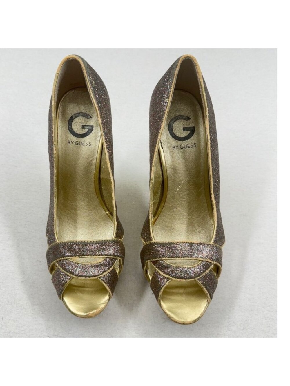 G By Guess Glitter Peepβ Toe Platform Stiletto Heels Sparkly Gold Working Club